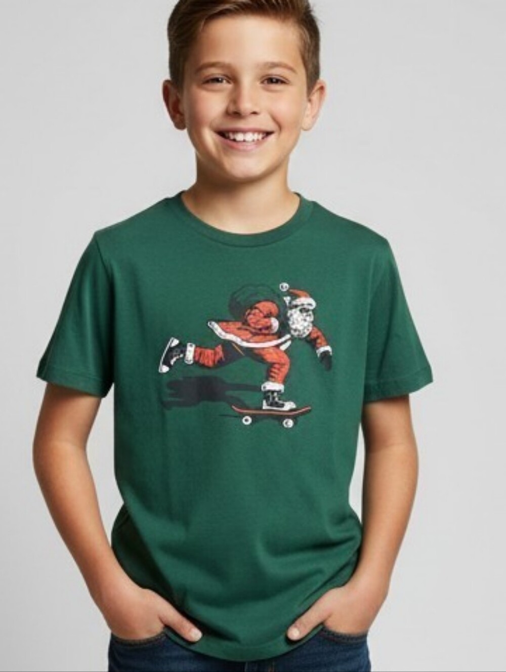 Old Navy Green Skateboarding Santa Graphic Tee